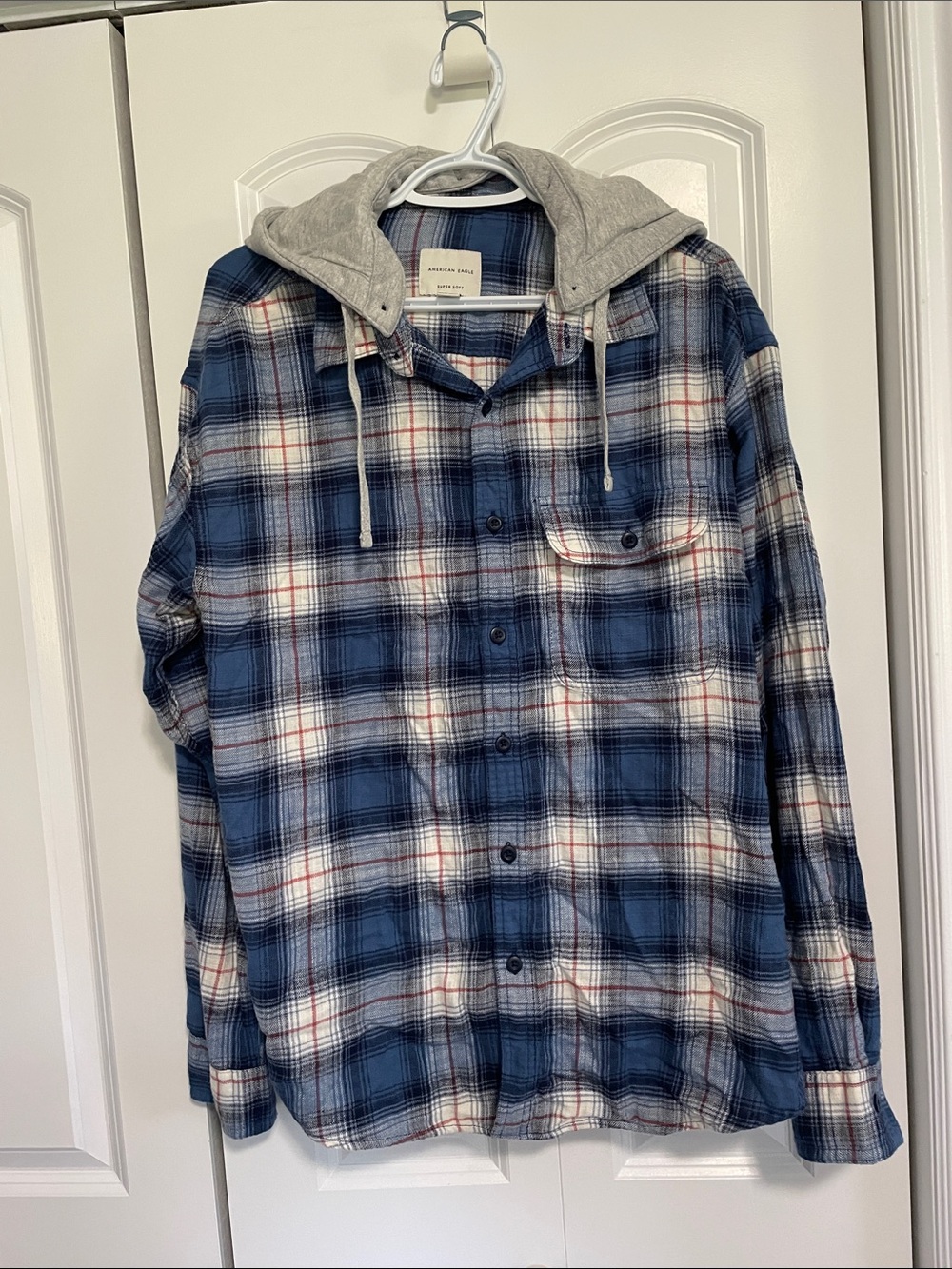 American Eagle Outfitters Blue Plaid Button-Down Shirt with Gray detachable Hood